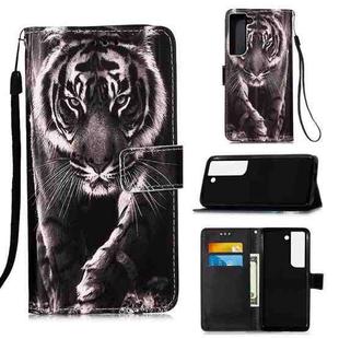 For Samsung Galaxy S22+ 5G Colored Drawing Pattern Plain Weave Leather Phone Case with Holder & Card Slot & Wallet & Lanyard(Black White Tiger)