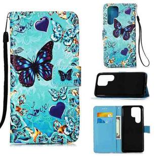For Samsung Galaxy S22 Ultra 5G Colored Drawing Pattern Plain Weave Leather Phone Case with Holder & Card Slot & Wallet & Lanyard(Heart Butterfly)