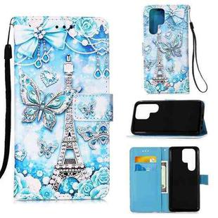 For Samsung Galaxy S22 Ultra 5G Colored Drawing Pattern Plain Weave Leather Phone Case with Holder & Card Slot & Wallet & Lanyard(Tower Butterfly)