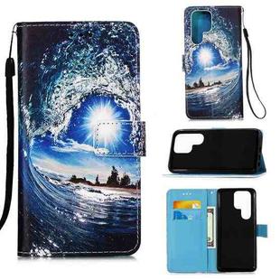 For Samsung Galaxy S22 Ultra 5G Colored Drawing Pattern Plain Weave Leather Phone Case with Holder & Card Slot & Wallet & Lanyard(Ocean Waves and Sun)