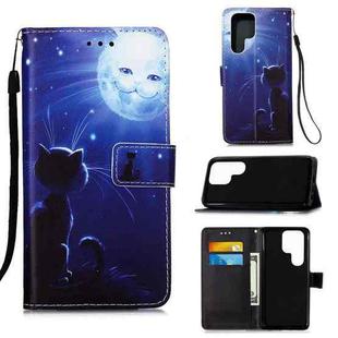 For Samsung Galaxy S22 Ultra 5G Colored Drawing Pattern Plain Weave Leather Phone Case with Holder & Card Slot & Wallet & Lanyard(Cat and Sun)