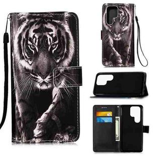 For Samsung Galaxy S22 Ultra 5G Colored Drawing Pattern Plain Weave Leather Phone Case with Holder & Card Slot & Wallet & Lanyard(Black White Tiger)