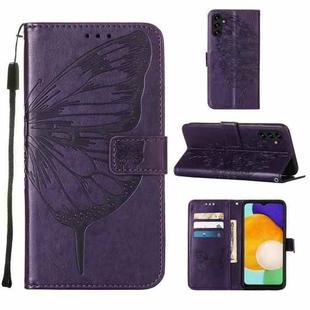 For Samsung Galaxy A13 5G Embossed Butterfly Leather Phone Case with Holder & Card Slot & Wallet & Lanyard(Dark Purple)