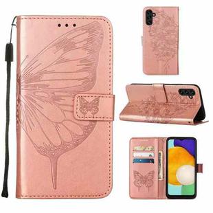 For Samsung Galaxy A13 5G Embossed Butterfly Leather Phone Case with Holder & Card Slot & Wallet & Lanyard(Rose Gold)