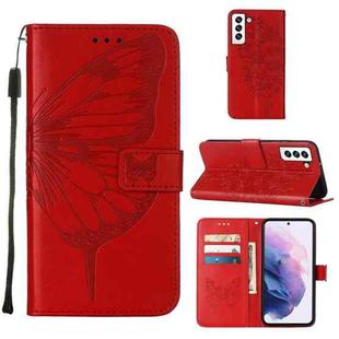 For Samsung Galaxy S22 5G Embossed Butterfly Leather Phone Case with Holder & Card Slot & Wallet & Lanyard(Red)