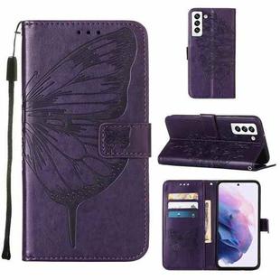 For Samsung Galaxy S22 5G Embossed Butterfly Leather Phone Case with Holder & Card Slot & Wallet & Lanyard(Dark Purple)