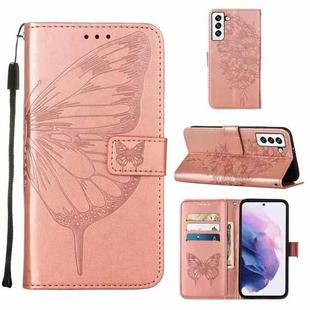 For Samsung Galaxy S22 5G Embossed Butterfly Leather Phone Case with Holder & Card Slot & Wallet & Lanyard(Rose Gold)