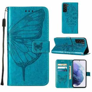 For Samsung Galaxy S22+ 5G Embossed Butterfly Leather Phone Case with Holder & Card Slot & Wallet & Lanyard(Blue)