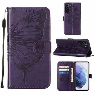 For Samsung Galaxy S22+ 5G Embossed Butterfly Leather Phone Case with Holder & Card Slot & Wallet & Lanyard(Dark Purple)