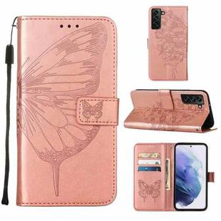 For Samsung Galaxy S22+ 5G Embossed Butterfly Leather Phone Case with Holder & Card Slot & Wallet & Lanyard(Rose Gold)