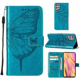 For Samsung Galaxy S22 Ultra 5G Embossed Butterfly Leather Phone Case with Holder & Card Slot & Wallet & Lanyard(Blue)