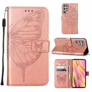 For Samsung Galaxy S22 Ultra 5G Embossed Butterfly Leather Phone Case with Holder & Card Slot & Wallet & Lanyard(Rose Gold)