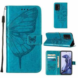 For Xiaomi Mi 11T 5G / 11T Pro 5G Embossed Butterfly Leather Phone Case with Holder & Card Slot & Wallet & Lanyard(Blue)