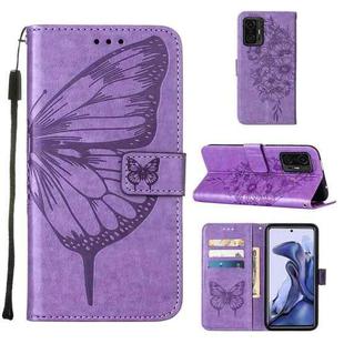 For Xiaomi Mi 11T 5G / 11T Pro 5G Embossed Butterfly Leather Phone Case with Holder & Card Slot & Wallet & Lanyard(Purple)