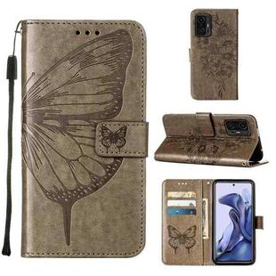 For Xiaomi Mi 11T 5G / 11T Pro 5G Embossed Butterfly Leather Phone Case with Holder & Card Slot & Wallet & Lanyard(Grey)