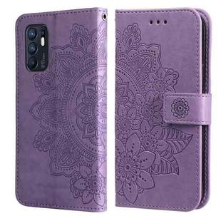 For OPPO Reno6 4G 7-petal Flowers Embossed Flip Leather Phone Case with Holder & Card Slots(Light Purple)