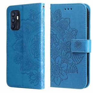 For OPPO Reno6 4G 7-petal Flowers Embossed Flip Leather Phone Case with Holder & Card Slots(Blue)