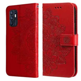 For OPPO Reno6 4G 7-petal Flowers Embossed Flip Leather Phone Case with Holder & Card Slots(Red)