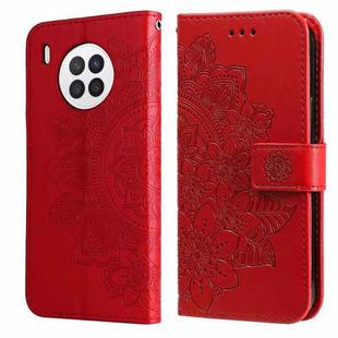 For Huawei nova 8i / Honor 50 Lite 7-petal Flowers Embossed Flip Leather Phone Case with Holder & Card Slots(Red)