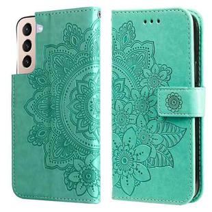 For Samsung Galaxy S22 5G 7-petal Flowers Embossed Flip Leather Phone Case with Holder & Card Slots(Green)