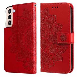 For Samsung Galaxy S22 5G 7-petal Flowers Embossed Flip Leather Phone Case with Holder & Card Slots(Red)