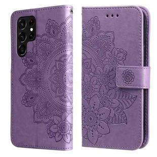 Samsung Galaxy S22 UItra 5G 7-petal Flowers Embossed Flip Leather Phone Case with Holder & Card Slots(Light Purple)