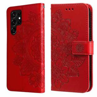 Samsung Galaxy S22 UItra 5G 7-petal Flowers Embossed Flip Leather Phone Case with Holder & Card Slots(Red)