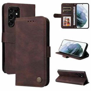 For Samsung Galaxy S22 Ultra Skin Feel Life Tree Metal Button Horizontal Flip Leather Phone Case(Brown)