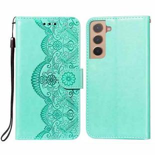 For Samsung Galaxy S22 5G Flower Vine Embossing Pattern Horizontal Flip Leather Phone Case with Card Slot & Holder & Wallet & Lanyard(Green)