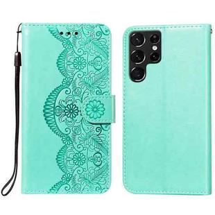 For Samsung Galaxy S22 Ultra 5G Flower Vine Embossing Pattern Horizontal Flip Leather Phone Case with Card Slot & Holder & Wallet & Lanyard(Green)