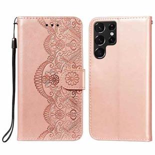 For Samsung Galaxy S22 Ultra 5G Flower Vine Embossing Pattern Horizontal Flip Leather Phone Case with Card Slot & Holder & Wallet & Lanyard(Rose Gold)