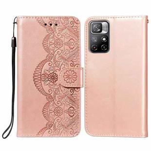 For Xiaomi Redmi Note 11 Flower Vine Embossing Pattern Horizontal Flip Leather Phone Case with Card Slot & Holder & Wallet & Lanyard(Rose Gold)
