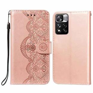 For Xiaomi Redmi Note 11 Pro Flower Vine Embossing Pattern Horizontal Flip Leather Phone Case with Card Slot & Holder & Wallet & Lanyard(Rose Gold)