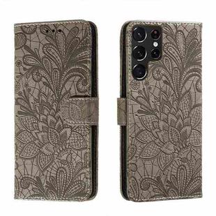 For Samsung Galaxy S22 Ultra 5G Lace Flower Leather Phone Case with Holder & Card Slots & Wallet & Photo Frame(Grey)