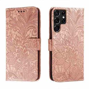 For Samsung Galaxy S22 Ultra 5G Lace Flower Leather Phone Case with Holder & Card Slots & Wallet & Photo Frame(Rose Gold)