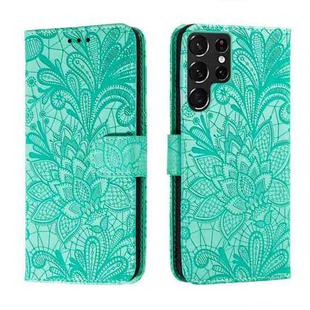 For Samsung Galaxy S22 Ultra 5G Lace Flower Leather Phone Case with Holder & Card Slots & Wallet & Photo Frame(Green)
