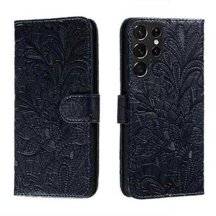 For Samsung Galaxy S22 Ultra 5G Lace Flower Leather Phone Case with Holder & Card Slots & Wallet & Photo Frame(Dark Blue)