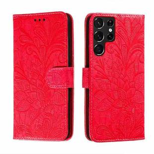 For Samsung Galaxy S22 Ultra 5G Lace Flower Leather Phone Case with Holder & Card Slots & Wallet & Photo Frame(Red)