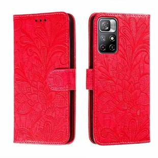 For Xiaomi Redmi Note 11 Lace Flower Leather Phone Case with Holder & Card Slots & Wallet & Photo Frame(Red)