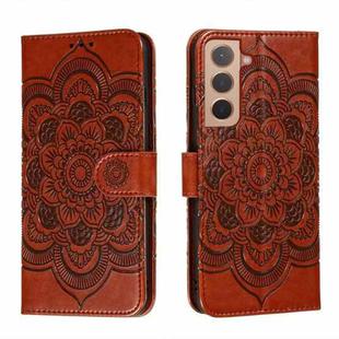 For Samsung Galaxy S22 5G Sun Mandala Embossing Pattern Phone Leather Case with Holder & Card Slots & Wallet & Lanyard(Brown)