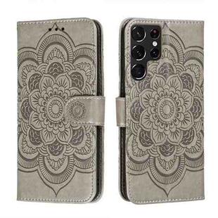 For Samsung Galaxy S22 Ultra 5G Sun Mandala Embossing Pattern Phone Leather Case with Holder & Card Slots & Wallet & Lanyard(Grey)