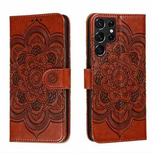 For Samsung Galaxy S22 Ultra 5G Sun Mandala Embossing Pattern Phone Leather Case with Holder & Card Slots & Wallet & Lanyard(Brown)