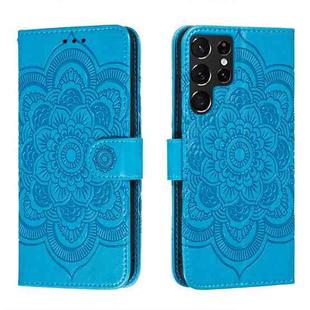 For Samsung Galaxy S22 Ultra 5G Sun Mandala Embossing Pattern Phone Leather Case with Holder & Card Slots & Wallet & Lanyard(Blue)