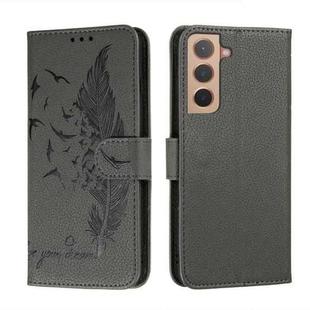 For Samsung Galaxy S22 5G Feather Pattern Litchi Texture Leather Phone Case with Holder & Card Slots & Wallet(Grey)