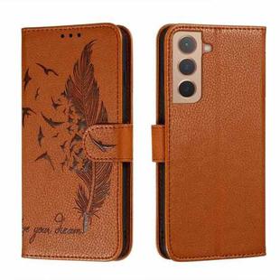 For Samsung Galaxy S22 5G Feather Pattern Litchi Texture Leather Phone Case with Holder & Card Slots & Wallet(Brown)