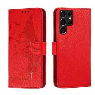 For Samsung Galaxy S22 Ultra 5G Feather Pattern Litchi Texture Leather Phone Case with Holder & Card Slots & Wallet(Red)