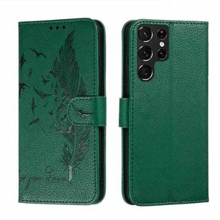 For Samsung Galaxy S22 Ultra 5G Feather Pattern Litchi Texture Leather Phone Case with Holder & Card Slots & Wallet(Green)