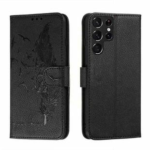 For Samsung Galaxy S22 Ultra 5G Feather Pattern Litchi Texture Leather Phone Case with Holder & Card Slots & Wallet(Black)