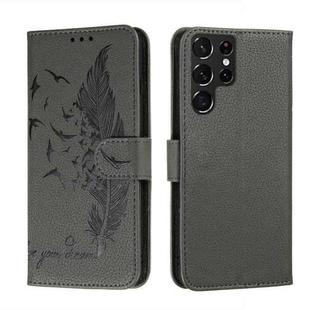 For Samsung Galaxy S22 Ultra 5G Feather Pattern Litchi Texture Leather Phone Case with Holder & Card Slots & Wallet(Grey)