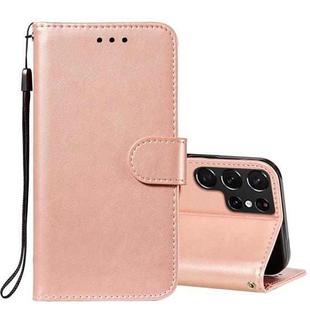 For Samsung Galaxy S22 Ultra 5G Solid Color Leather Phone Case with Holder & Card Slots & Wallet & Lanyard(Rose Gold)